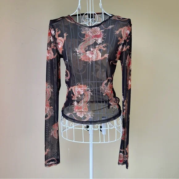 Urban Outfitter UO '90s Dragon Print Mesh Crew Neck Top long sleeve black size M - Picture 2 of 10